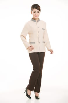 In a variety of occupation clothing cleaners stand in front of a white background