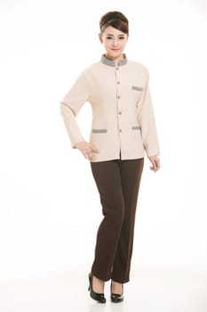 In a variety of occupation clothing cleaners stand in front of a white background