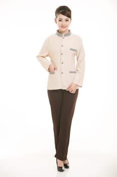 In a variety of occupation clothing cleaners stand in front of a white background