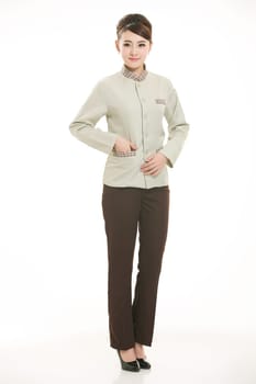 In a variety of occupation clothing cleaners stand in front of a white background