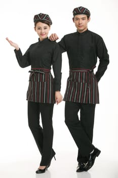 Wear clothing occupation Chinese waiters in white background
