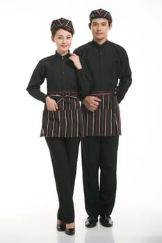 Wear clothing occupation Chinese waiters in white background