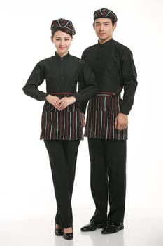 Wear clothing occupation Chinese waiters in white background