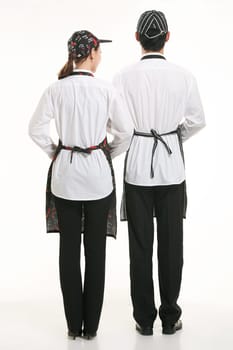 Wear clothing occupation Chinese waiters in white background