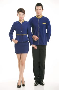 Wear clothing occupation Chinese waiters in white background