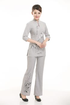 Wear clothing occupation Chinese waiters in white background