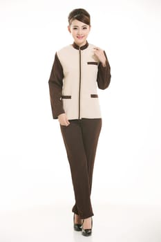 In a variety of occupation clothing cleaners stand in front of a white background