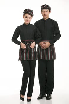 Wear clothing occupation Chinese waiters in white background