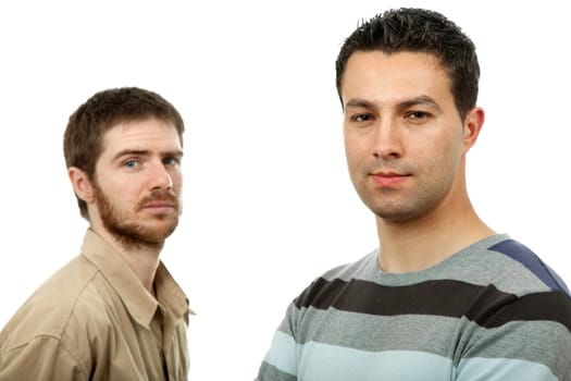 two young casual men portrait, isolated on white