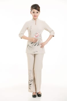 Wear clothing occupation Chinese waiters in white background