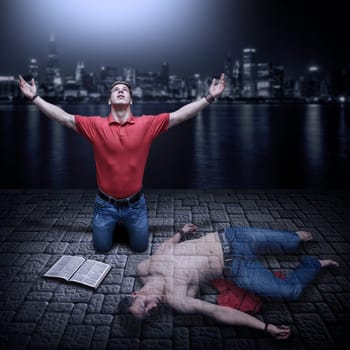 Young man raised in prayer with a Bible beside him. Concept for a young man dead in his sins and resurrected by the power of God through prayer and Word of God.