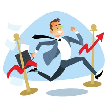 Businessman running breaks the finish tape graph of sales. The theme of the competition business concept