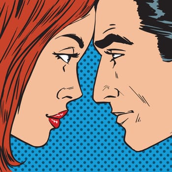 Man and woman looking at each other face to face pop art comics retro style Halftone. Imitation of old illustrations
