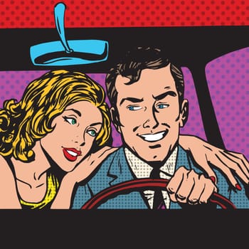 Man and woman in the car family pop art comics retro style Halftone. Imitation of old illustrations. Imitation vintage illustrations. Buy transport