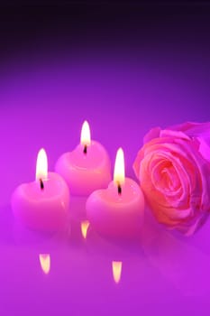 Three bright pink candles in heart shape with pink rose in violet light