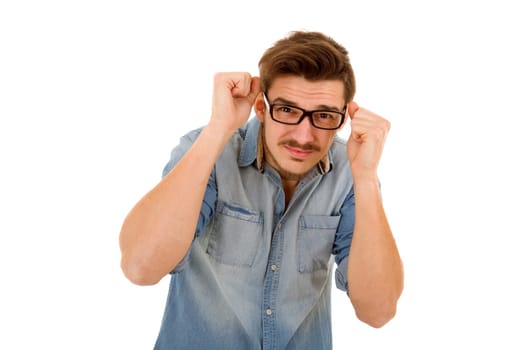 young teen man hiding, isolated on white