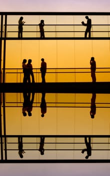 workers inside the office building silhouette at sunset