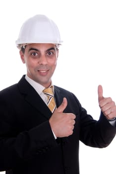 An engineer with thumb up, isolated on white
