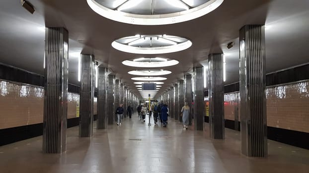 Ukraine, Kiev - May 25, 2020: Metro station on the red line of the Kiev metro. Empty station without people.