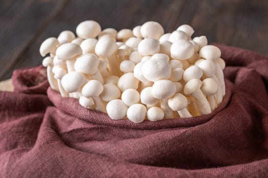 A delicate cluster of bunapi-shimeji mushrooms resting in textile