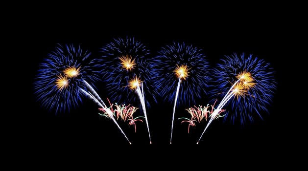 Beautiful fireworks display isolated on black background for celebration and anniversary concept