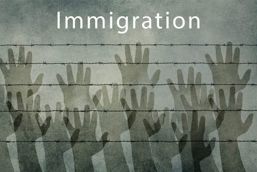 Immigration, refugees Europe, asylem seekers, immigrants. silhouette of arms behind a barbed wire, border, human rights