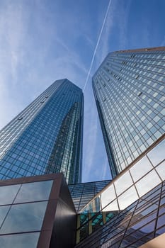 Frankfurt, Germany - February 9, 2011: twin towers of headquarter of Deutsche Bank in Frankfurt, Germany.