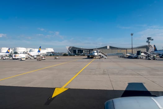 Frankfurt, Germany - July 24, 2014: Lufthansa aircraft parking at the apron in Frankfurt, Germany.