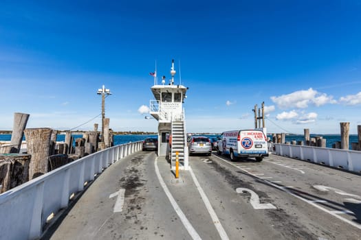 Sterling, USA - October 27, 2015: crossing the canal at Peconic river with the south ferry at Sterling, USA.