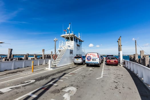 Sterling, USA - October 27, 2015: crossing the canal at Peconic river with the south ferry at Sterling, USA.