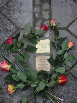Gunter Demnig verlegte Stolpersteine mit Blumen am 11.11.2021 Magdeburg