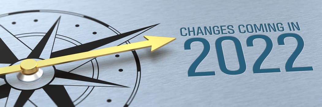 Compass needle pointing to the text Changes coming in 2022 - 3d render