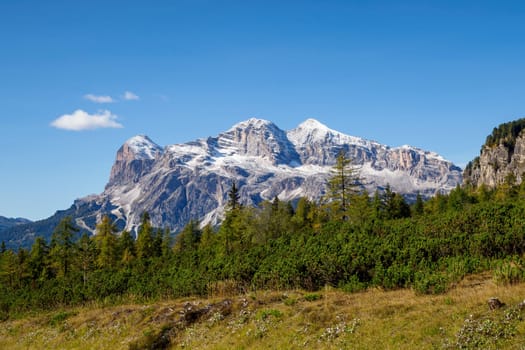 Tofana mountain group with the highest peak Tofana di Rozes. Dolomites Alp Mountains, Belluno Province, Dolomiti Alps, Italy