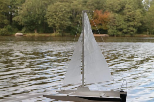 sailing catamaran, sailboat model on the background of the river close-up
