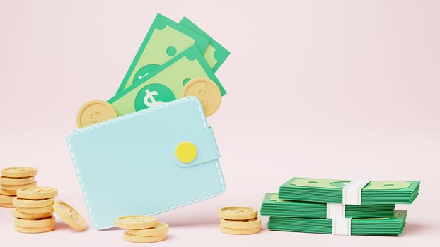 Wallet with coins and banknote dollar, Money online payment saving business success icon on pink background, investment finance, cash back full purse, 3D rendering illustration