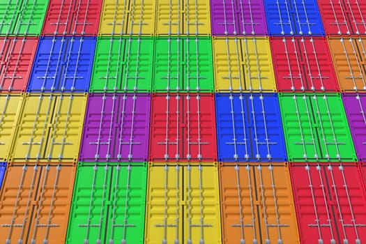 Stack of ship cargo containers. Colorful freight boxes background. Marine logistics, harbor warehouse, customs, transport shipping concept. 3D illustration