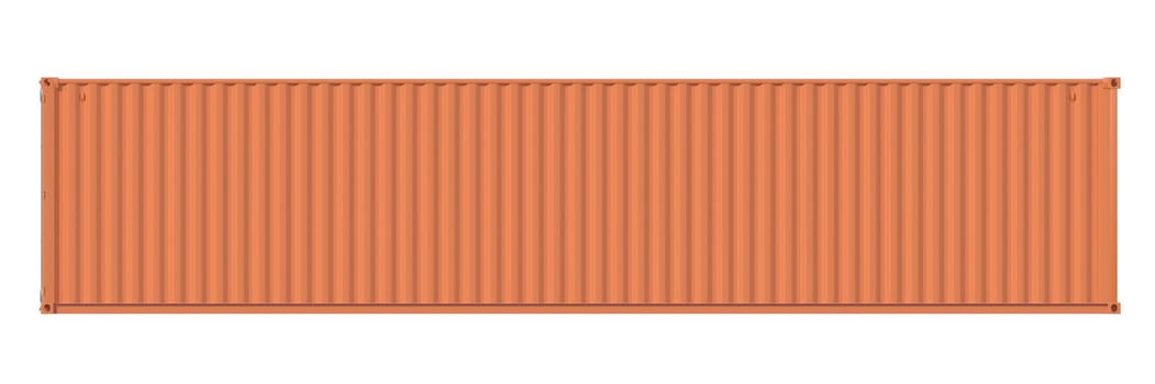 Ship cargo container 40 feet length, side view. Brown metallic freight box isolated on white background. Marine logistics, harbor warehouse, customs, transport shipping concept. 3D illustration