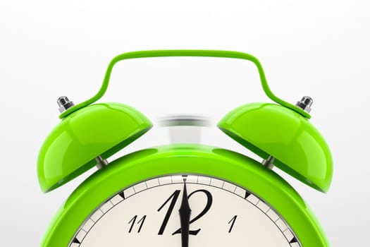 Ringing alarm clock. Green table shelf vintage clock on white background. 3D illustration
