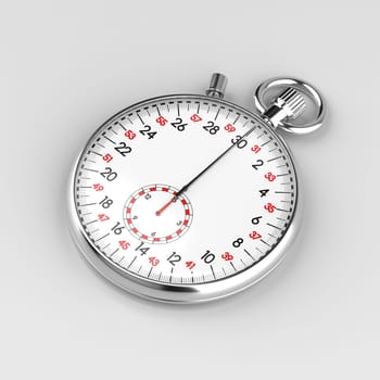 Mechanical stopwatch illustration. Retro classic style clock. Metallic chronometer with white face and black and red numbers on grey background. Time is money, deadline, accuracy concept.
