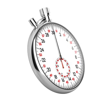 Mechanical stopwatch illustration. Retro classic style clock. Metallic chronometer with white face and black and red numbers. Isolated on white background. Time is money, deadline, accuracy concept.