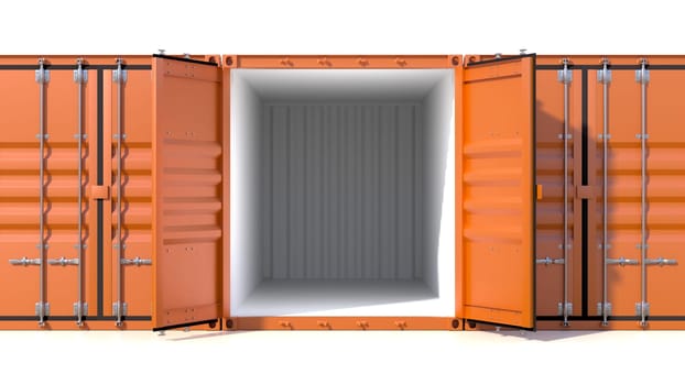 Empty ship cargo container 20 feet length, side view, open doors. Brown freight box isolated on white. Marine logistics, harbor warehouse, customs, transport shipping concept. 3D illustration