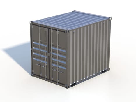 Ship cargo container 10 feet length. Dark grey metallic freight box with shadow isolated on white background. Marine logistics, harbor warehouse, customs, transport shipping concept. 3D illustration