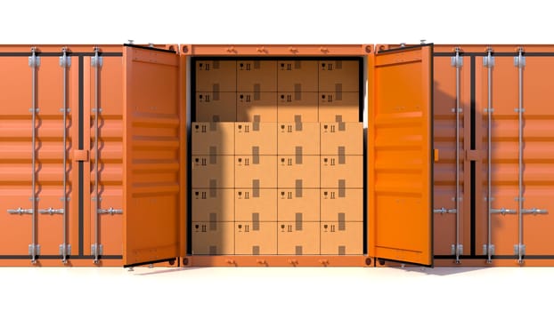 Ship cargo container side view with open doors, full with cardboard boxes. Brown freight box isolated on white. Marine logistics, harbor warehouse, customs, transport shipping concept. 3D illustration