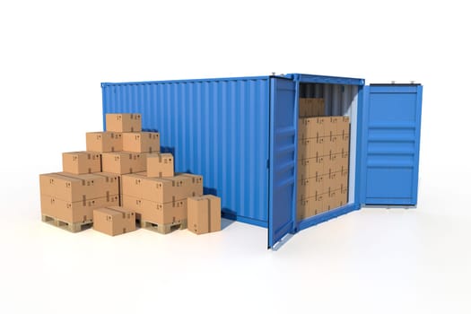 Ship cargo container side view, open doors, full with cardboard boxes. Pile of cardboard boxes on pallet. 3D illustration