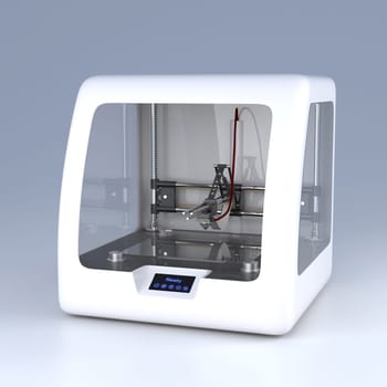 3D printer model. Professional prototype device on grey background. Side view. New technology, modern industrial equipment, hardware innovation, futuristic idea concept.