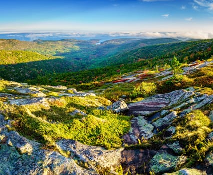 Scenic view of Acadia National Park and Atlantic coast from Cadillac Mountain at sunset