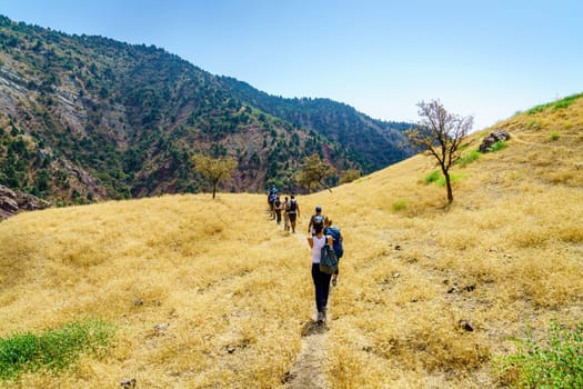 August 25, 2016, Shirkent, Tajikistan: A group of tourists on a trail in Hissar Valley in Tajikistan