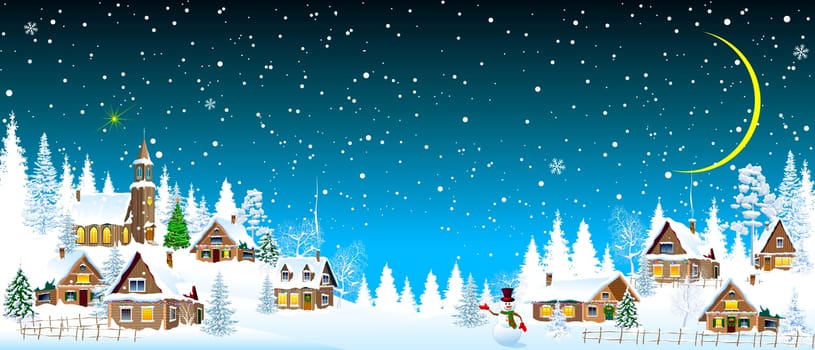 Houses, village, church, spruce. Winter rural landscape. Christmas night. Snow, snow-covered houses, forest. Snowman.