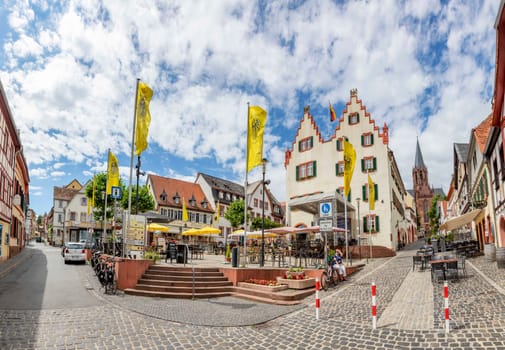 Oppenheim, Germany - June 27, 2020: people enjoy a summer day at Market Place of Oppenheim, Germany during the corona season.