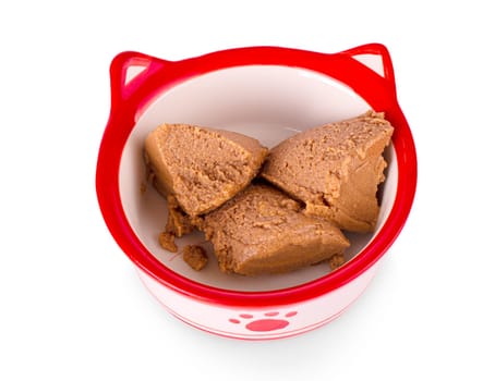 The Cat food in a bowl close-up isolated on white background
